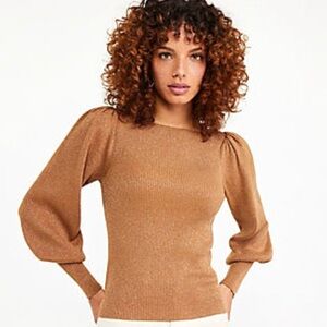 🌹Ann Taylor Shimmer Puff Sleeve Boatneck Sweater, Size M, Toffee Nut